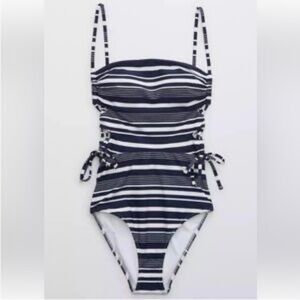 Aerie Navy Blue & White Striped One Piece Swimsuit w Lace Up Sides -Small *LONG*
